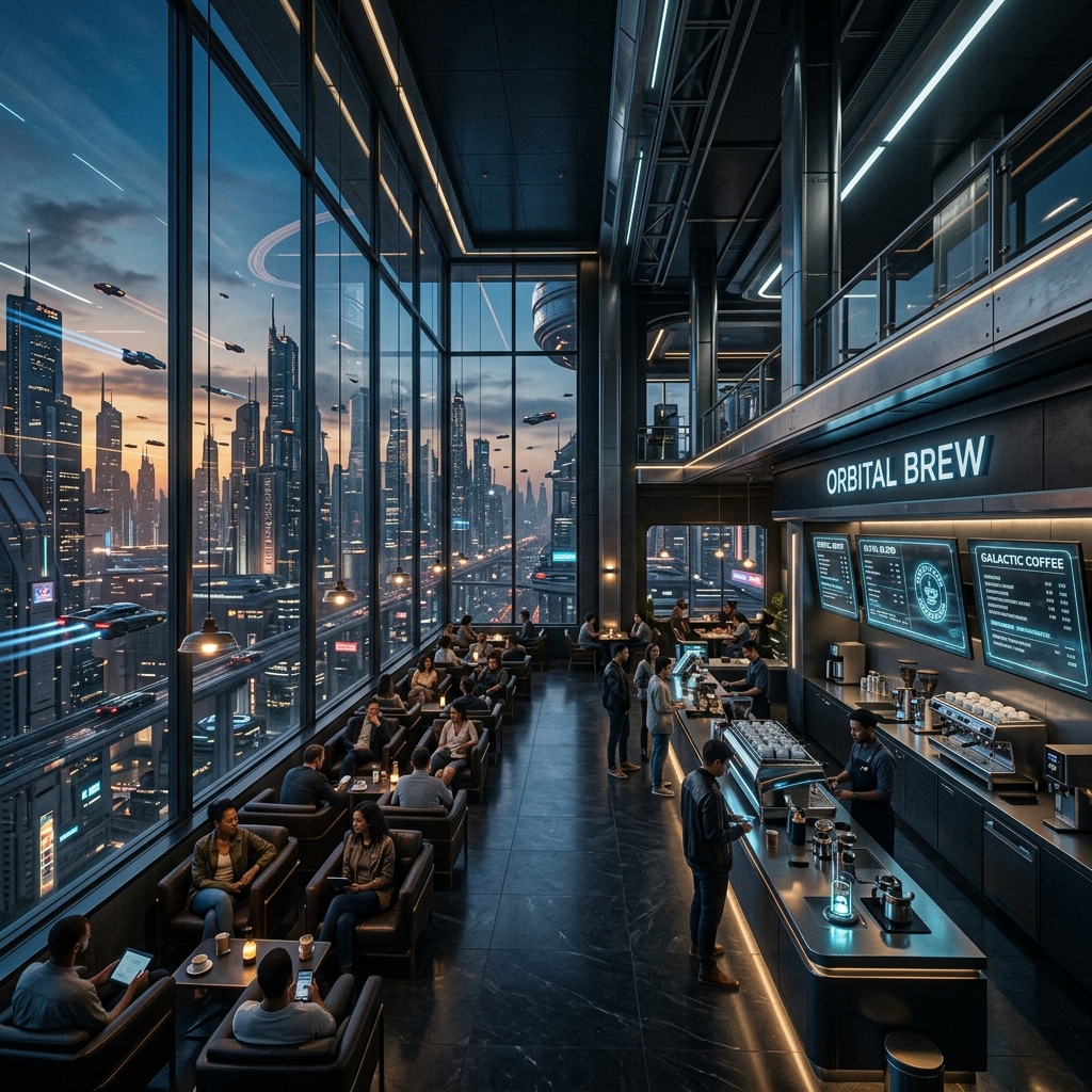 Interior of a futuristic coffee shop with panoramic windows overlooking a sci-fi cityscape
